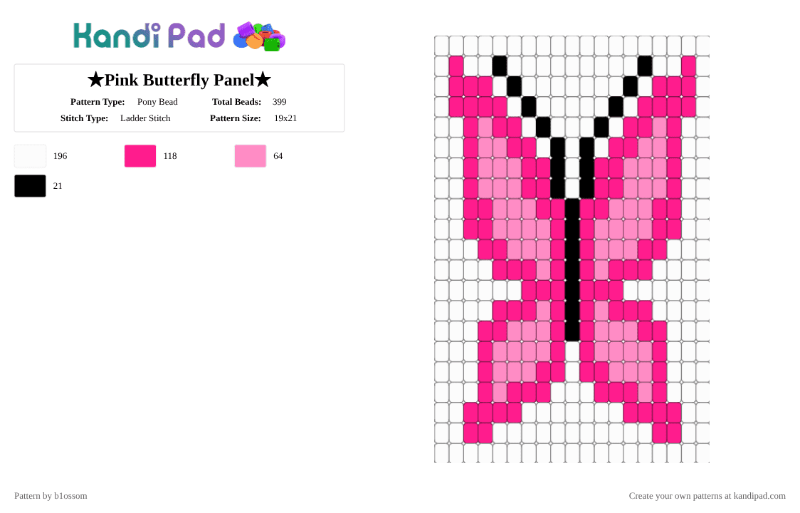 ★Pink Butterfly Panel★ - Pony Bead Pattern by b1ossom on Kandi Pad - black, butterfly, charm, cute, panel, pink, simple, white