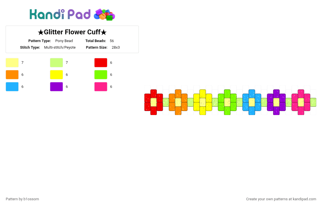 ★Glitter Flower Cuff★ - Pony Bead Pattern by b1ossom on Kandi Pad - yellow,flower,red,orange,green,blue,purple,pink