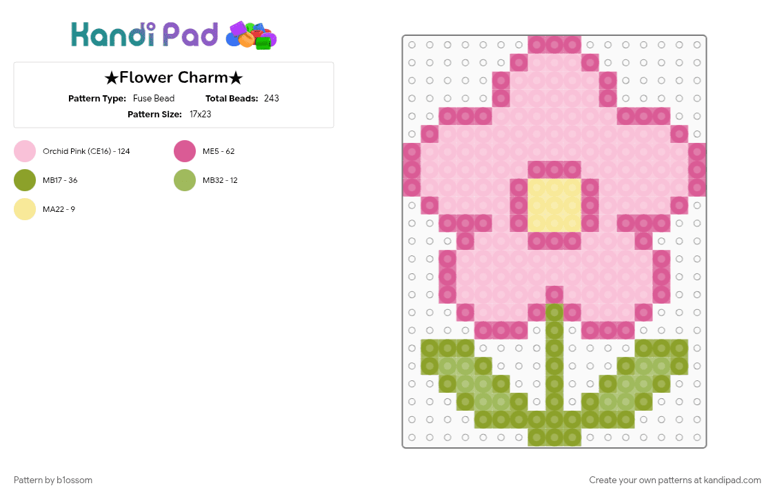 ★Flower Charm★ - Fuse Bead Pattern by b1ossom on Kandi Pad - charm, cute, flowers, green, leaf, petal, pink, yelllow