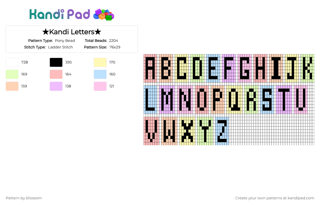 ★Kandi Letters★ - Pony Bead Pattern by b1ossom on Kandi Pad - pink,beige,yellow,letter,rainbow,white,black,ladder,pastel,charm,simple