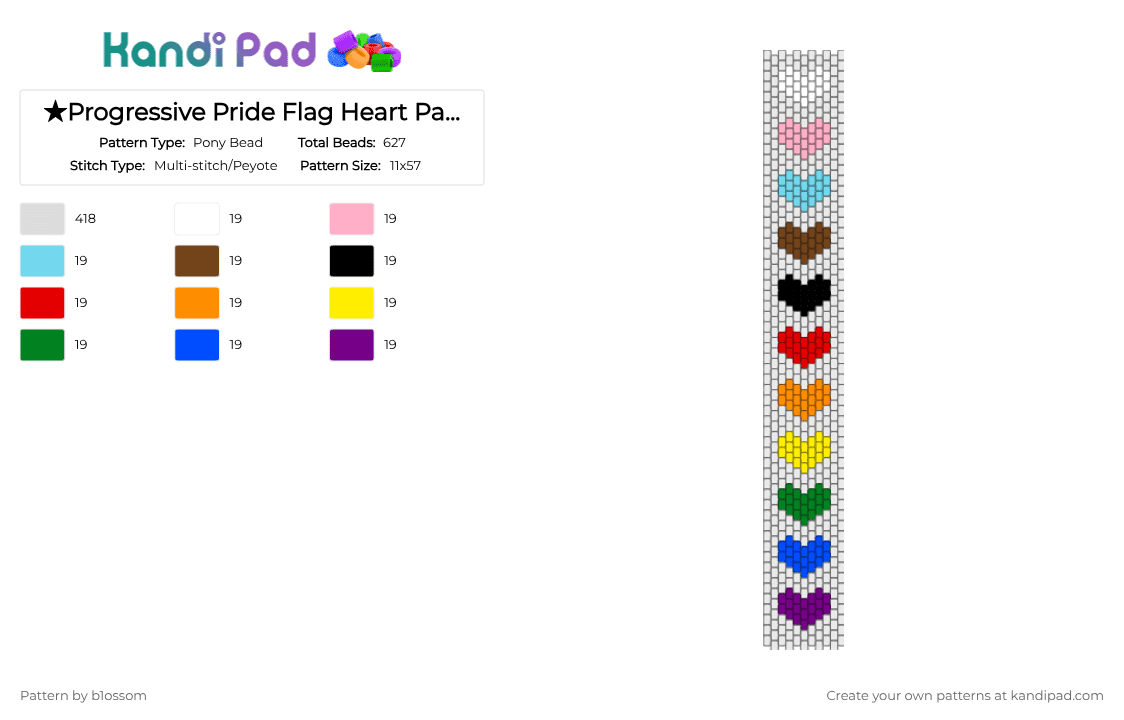 ★Progressive Pride Flag Heart Panel★ - Pony Bead Pattern by b1ossom on Kandi Pad - white,pink,brown,orange,green,colorful,pride,red,yellow,blue,purple,rainbow