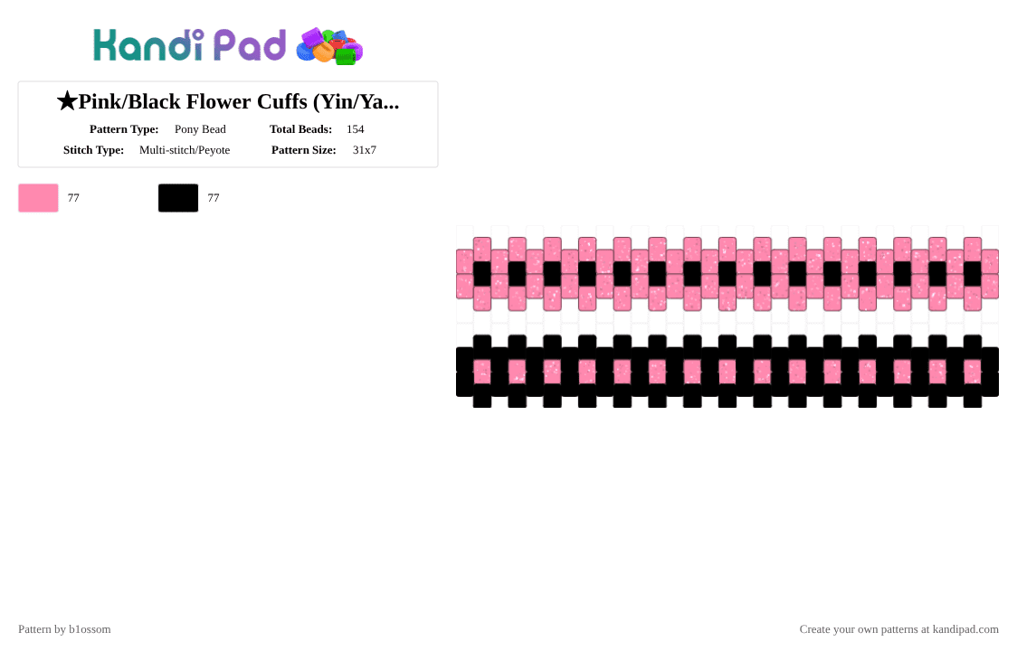 ★Pink/Black Flower Cuffs (Yin/Yang)★ - Pony Bead Pattern by b1ossom on Kandi Pad - pink,black,glitter,flower,cute,small,yin,yang