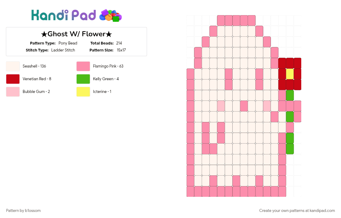 ★Ghost W/ Flower★ - Pony Bead Pattern by b1ossom on Kandi Pad - cotdghosts, cute, flower, ghost, green, pink, red, white, yellow