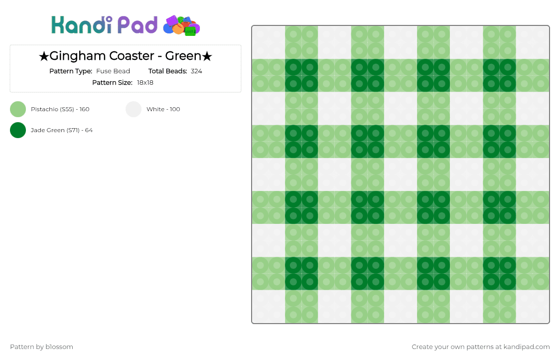★Gingham Coaster - Green★ - Fuse Bead Pattern by b1ossom on Kandi Pad - coaster, cute, cutecore, gingham, green, medium, perler bead, small, teal