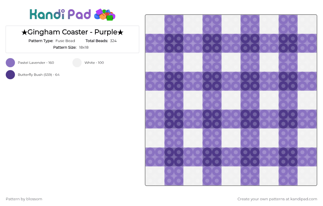 ★Gingham Coaster - Purple★ - Fuse Bead Pattern by b1ossom on Kandi Pad - blue, coaster, cute, cutecore, gingham, medium, perler bead, purple, small