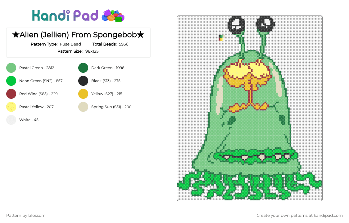 ★Alien (Jellien) From Spongebob★ - Fuse Bead Pattern by b1ossom on Kandi Pad - green,teal,cotdaliens,red,black,white,yellow,orange,alien
