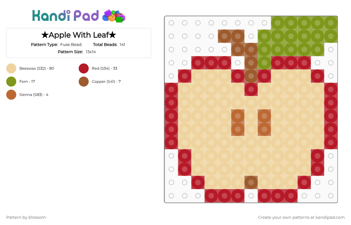 ★Apple With Leaf★ - Fuse Bead Pattern by b1ossom on Kandi Pad - beige,apple,small,red,tan,green,brown,charm,cute