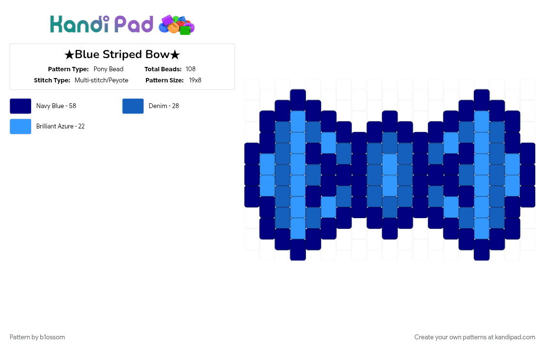 ★Blue Striped Bow★ - Pony Bead Pattern by b1ossom on Kandi Pad - blue, bow, charm, cute, dark, intermediate, purple, small, stripes