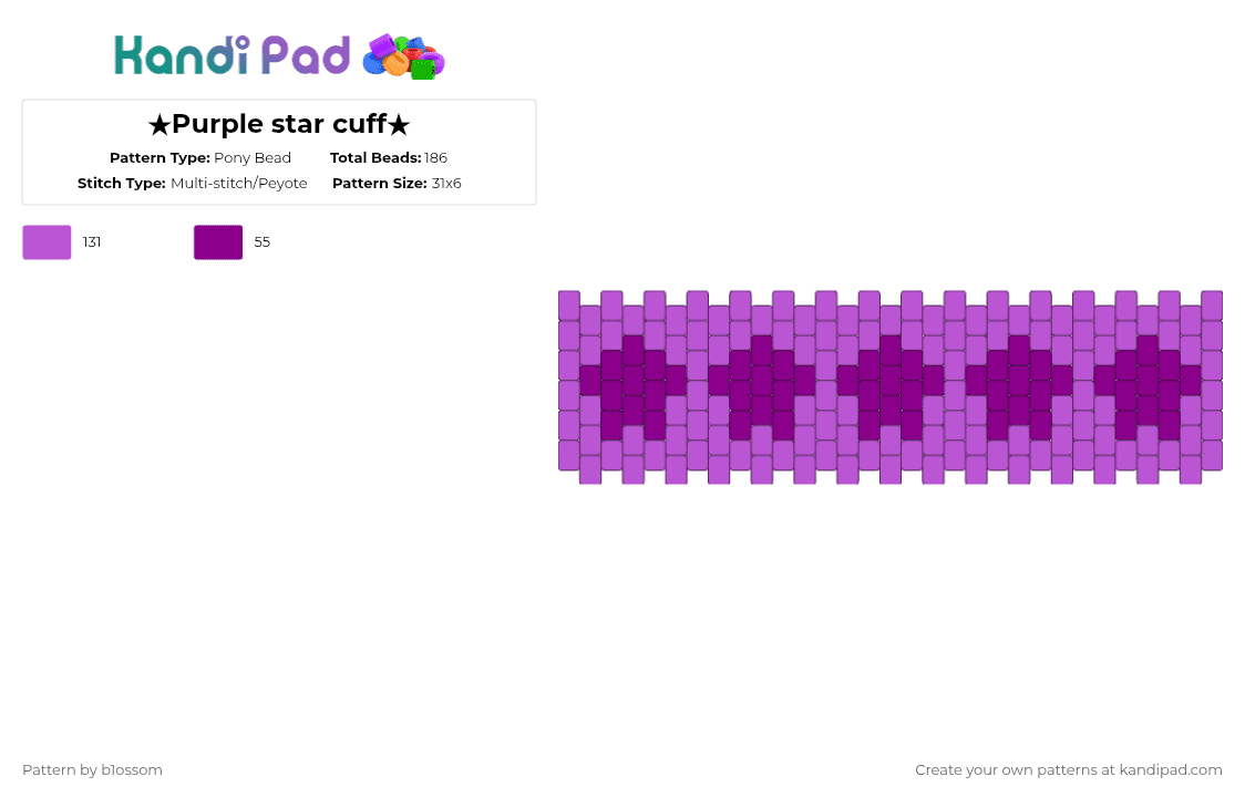 ★Purple star cuff★ - Pony Bead Pattern by b1ossom on Kandi Pad - pink,star,cute,neon,alt,emo,purple