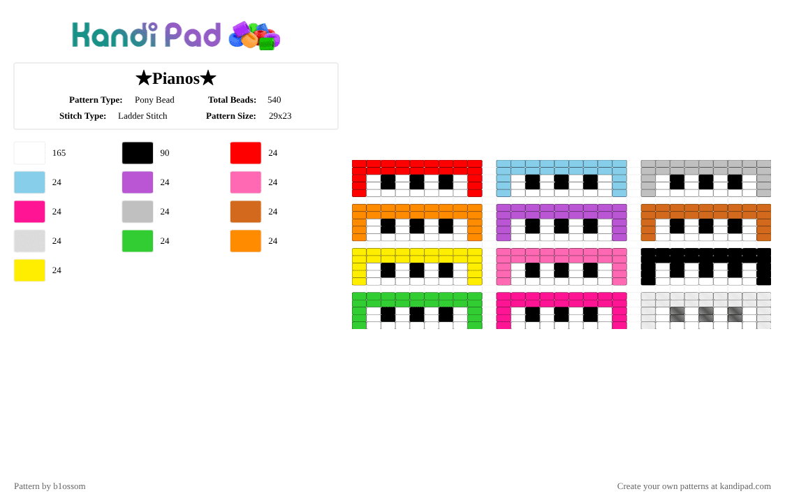 ★Pianos★ - Pony Bead Pattern by b1ossom on Kandi Pad - white,pink,orange,rainbow,charm,begginer,clear,black,cute,simple