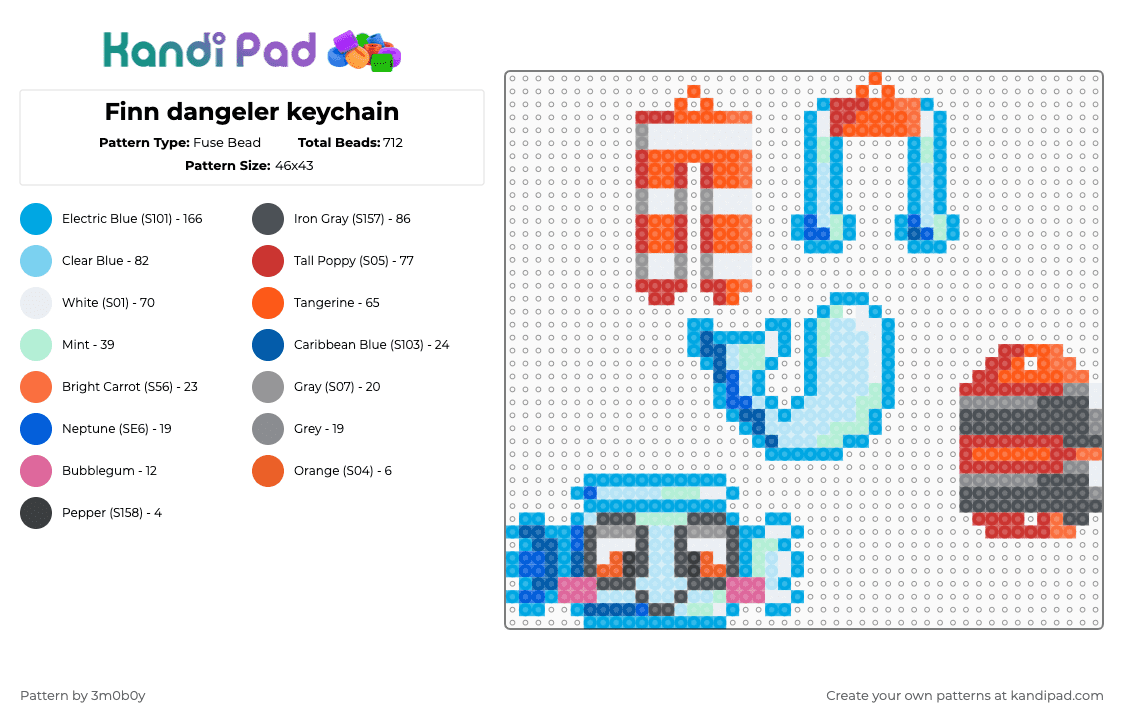 Finn dangeler keychain - Fuse Bead Pattern by simplysquirmy on Kandi Pad - orange,light blue,purple