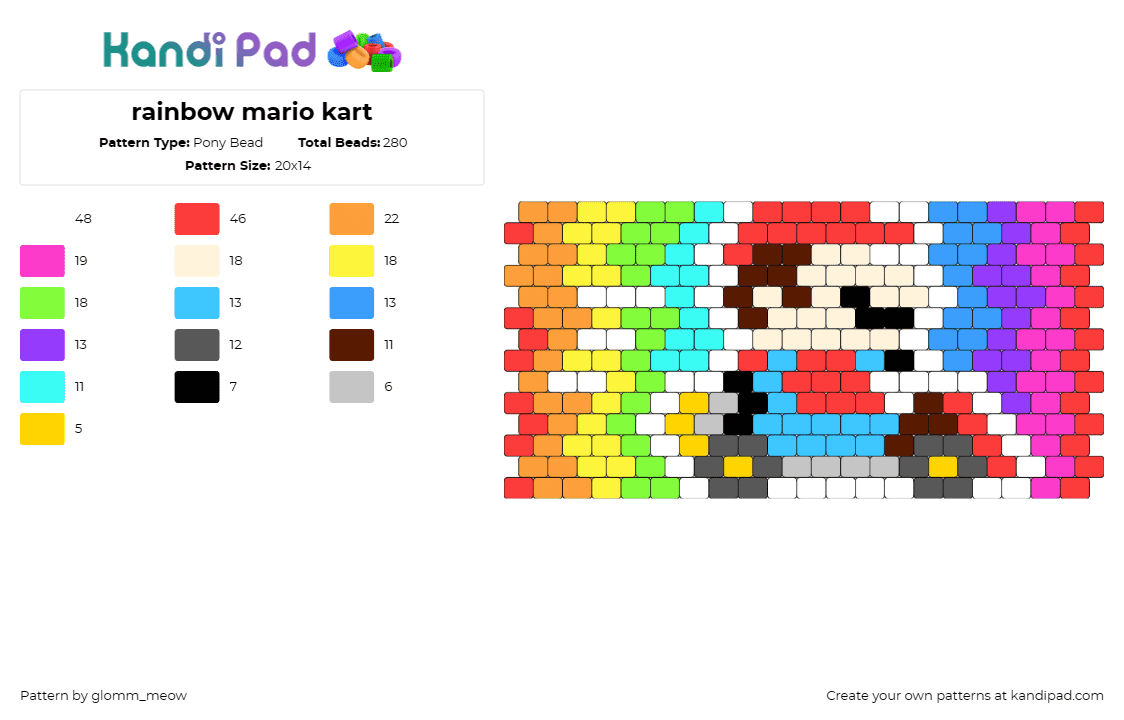 rainbow mario kart - Pony Bead Pattern by glomm_meow on Kandi Pad - mario,kart,nintendo,racecar,video game,colorful,rainbow,cuff,red,light blue