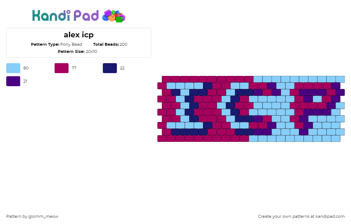 alex icp - Pony Bead Pattern by glomm_meow on Kandi Pad - icp,insane clown posse,text,cuff,rap,music,light blue,pink,red,purple