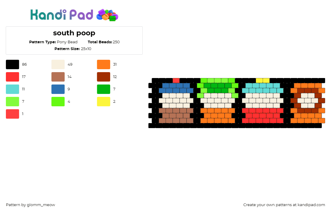 south poop - Pony Bead Pattern by glomm_meow on Kandi Pad - south park,kenny,eric cartman,kyle broflovski,stan marsh,cuff,characters,tv show