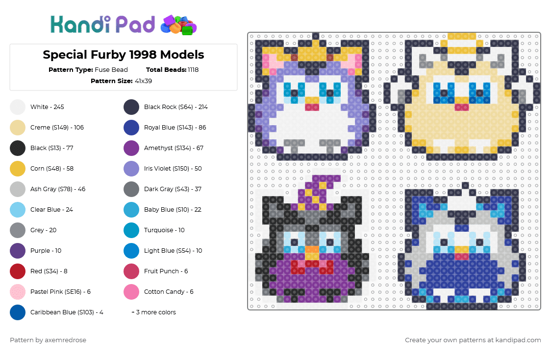 Special Furby 1998 Models - Fuse Bead Pattern by axemredrose on Kandi Pad - purple,pink,beige
