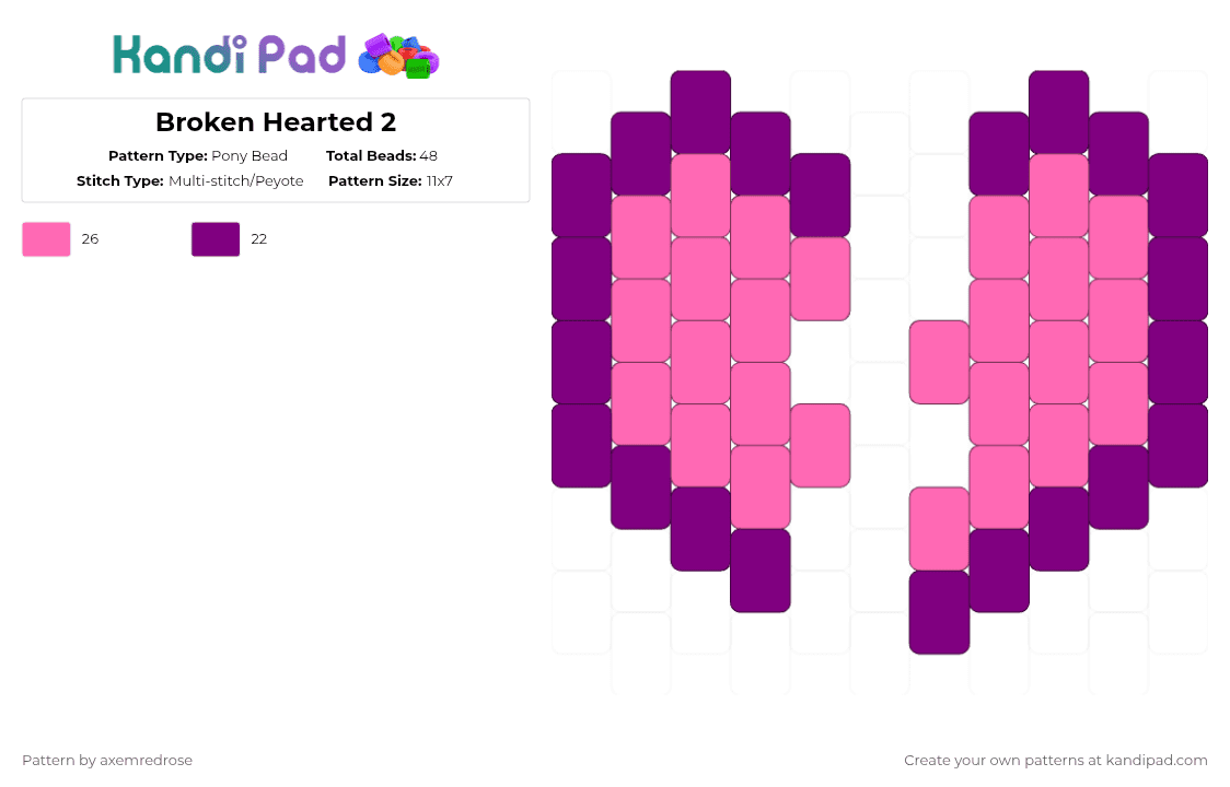 Broken Hearted 2 - Pony Bead Pattern by axemredrose on Kandi Pad - pink