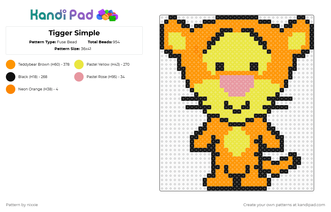 Tigger Simple - Fuse Bead Pattern by nixxie on Kandi Pad - tigger,winnie the pooh,character,tiger,disney,cartoon,animal,orange,yellow
