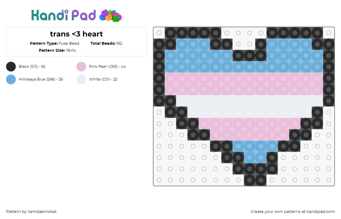 trans <3 heart - Fuse Bead Pattern by liamdaemokat on Kandi Pad - trans,heart,pride,diversity,love,support,emblem,transgender flag