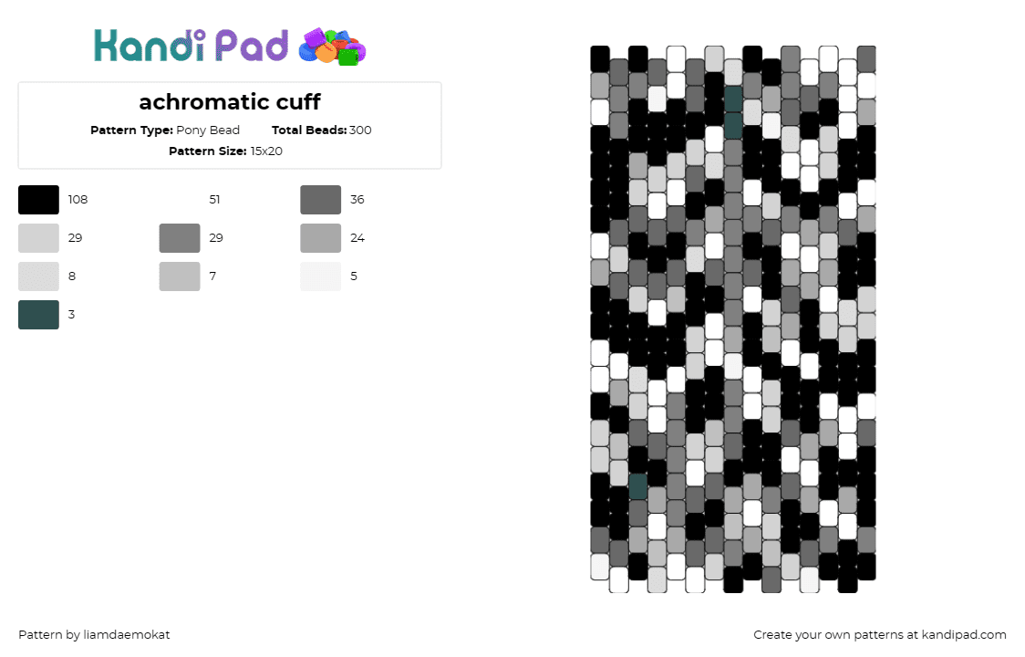 achromatic cuff - Pony Bead Pattern by liamdaemokat on Kandi Pad - achromatic,cuff,monochrome,sophisticated,stylish,bold,statement,black,white,gray