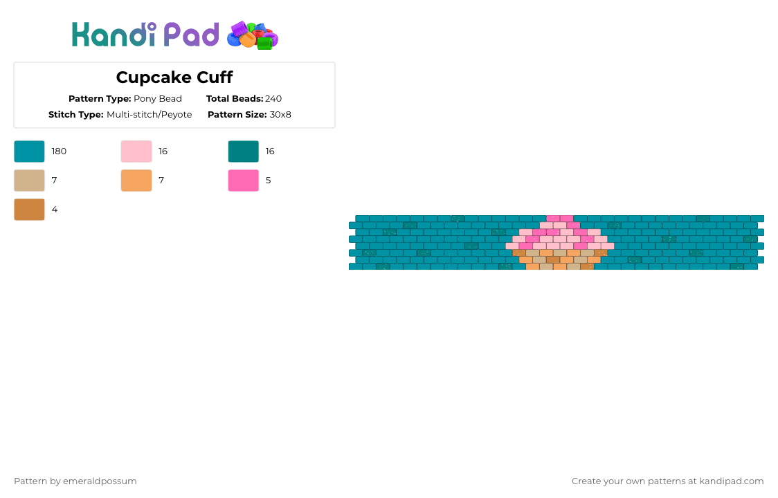 Cupcake Cuff - Pony Bead Pattern by emeraldpossum on Kandi Pad - teal,cotdcooking,cupcake,food,kawaii