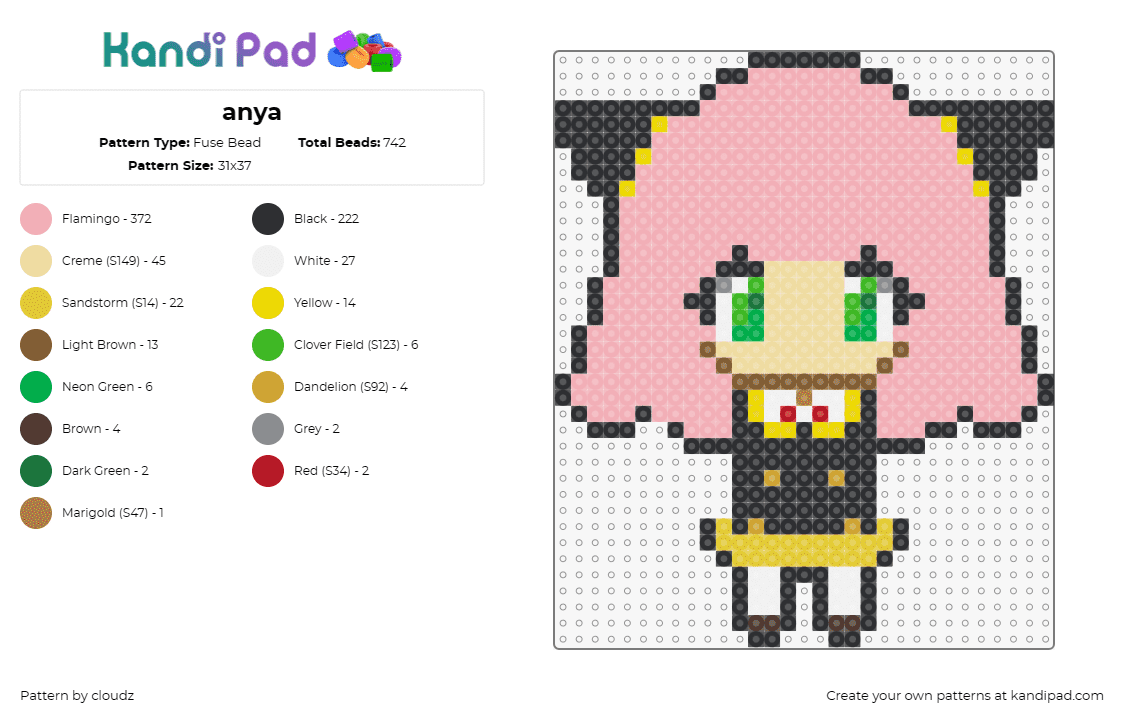 anya - Fuse Bead Pattern by cloudz on Kandi Pad - anya forger,spy x family,anime,expressive,character,green eyes,pink hair