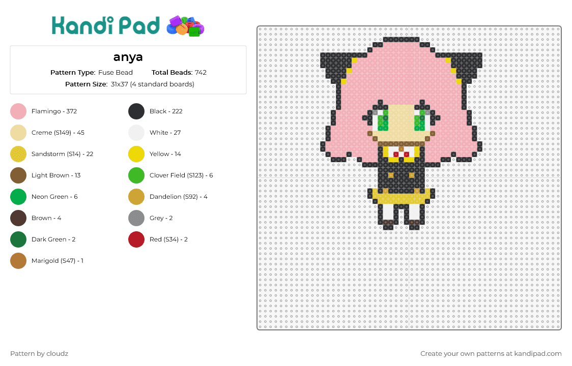 anya - Fuse Bead Pattern by cloudz on Kandi Pad - anya forger,spy x family,anime,expressive,iconic,character,green eyes,pink hair