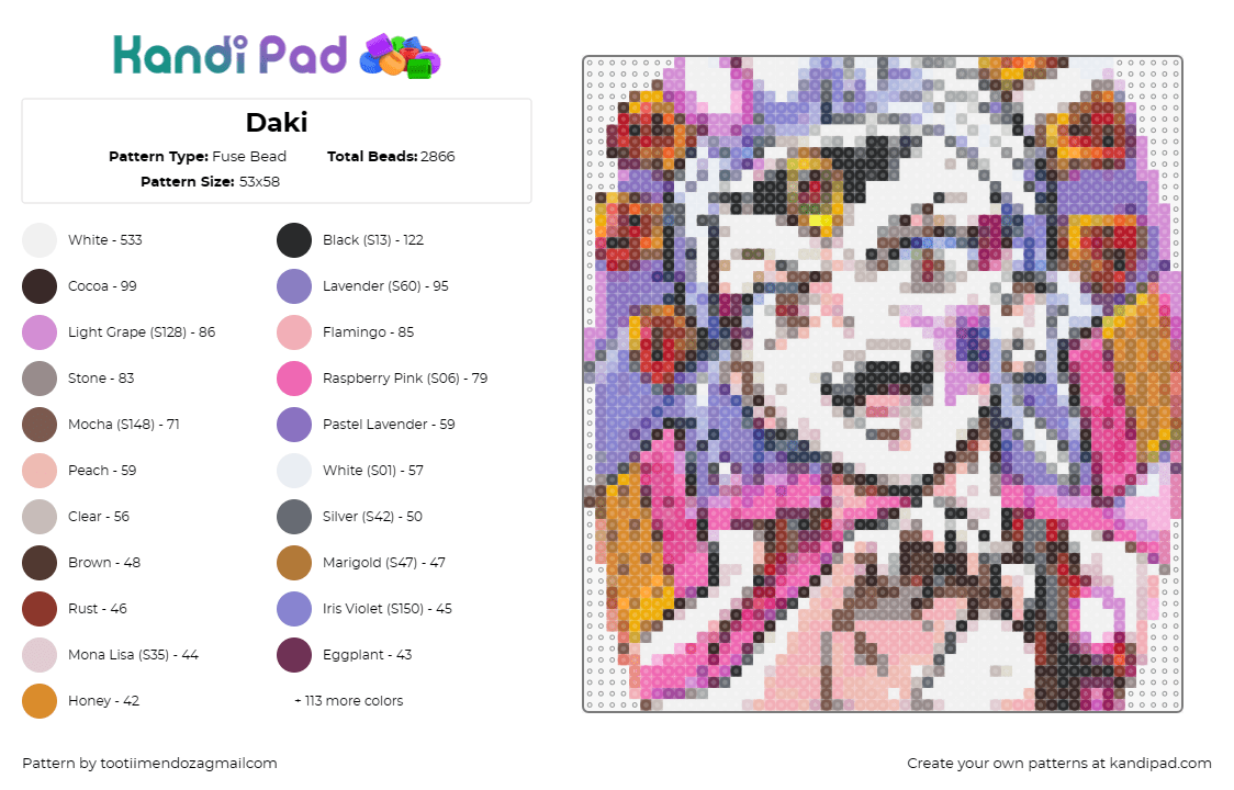 Daki - Fuse Bead Pattern by tootiimendozagmailcom on Kandi Pad - daki,demon slayer,vibrant,colorful,character,anime,passion