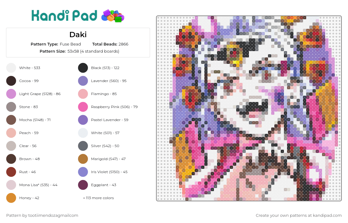 Daki - Fuse Bead Pattern by tootiimendozagmailcom on Kandi Pad - daki,demon slayer,vibrant,colorful,character,anime,homage,passion