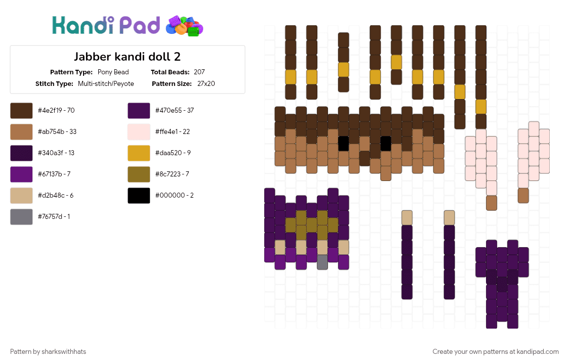 Jabber kandi doll 2 - Pony Bead Pattern by sharkswithhats on Kandi Pad - brown, purple, tan