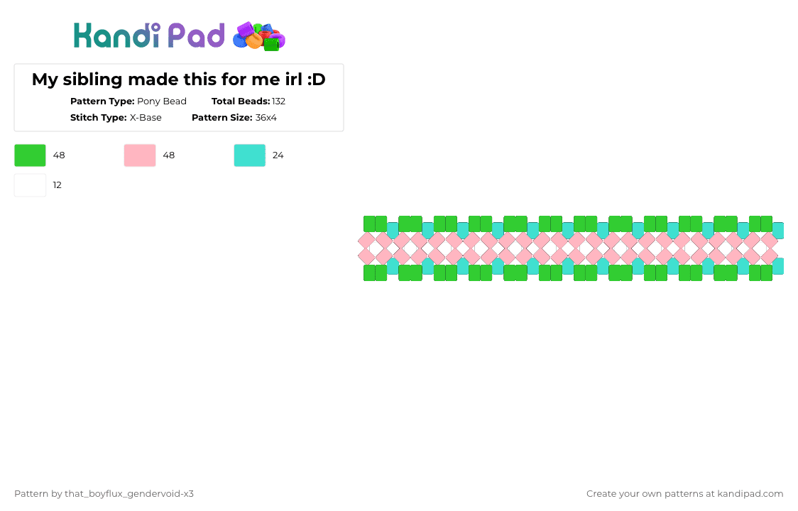 My sibling made this for me irl :D - Pony Bead Pattern by that_lil_gay_dude-x3 on Kandi Pad - green,pink