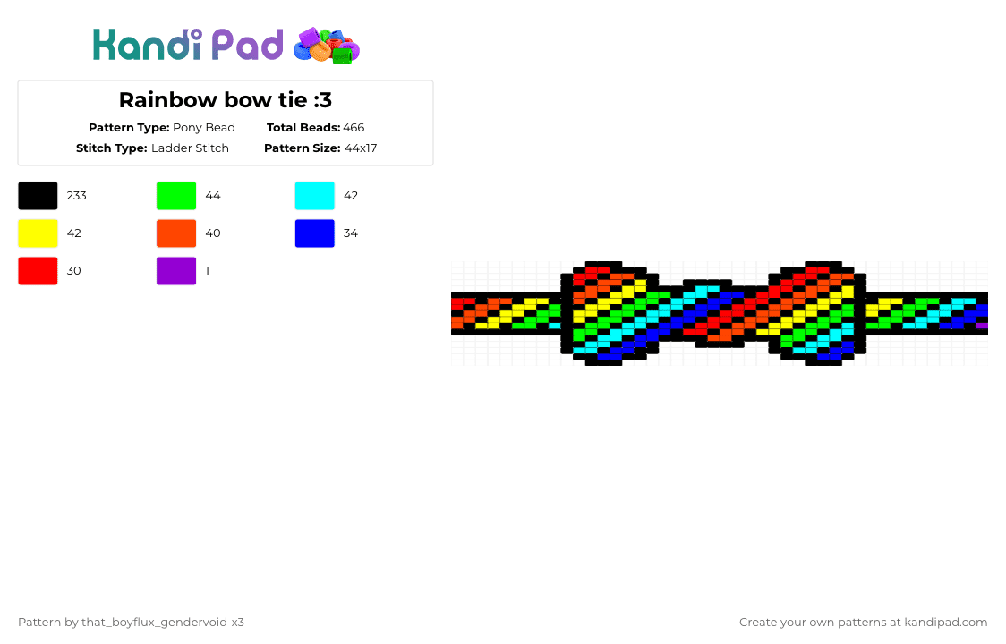 Rainbow bow tie :3 - Pony Bead Pattern by that_lil_gay_dude-x3 on Kandi Pad - black,red,green,rainbow,queer,pride,neon,bright,tie