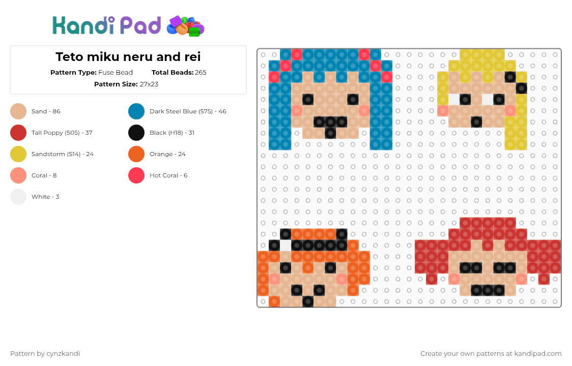 Teto miku neru and rei - Fuse Bead Pattern by gigixd on Kandi Pad - beige,light blue,red