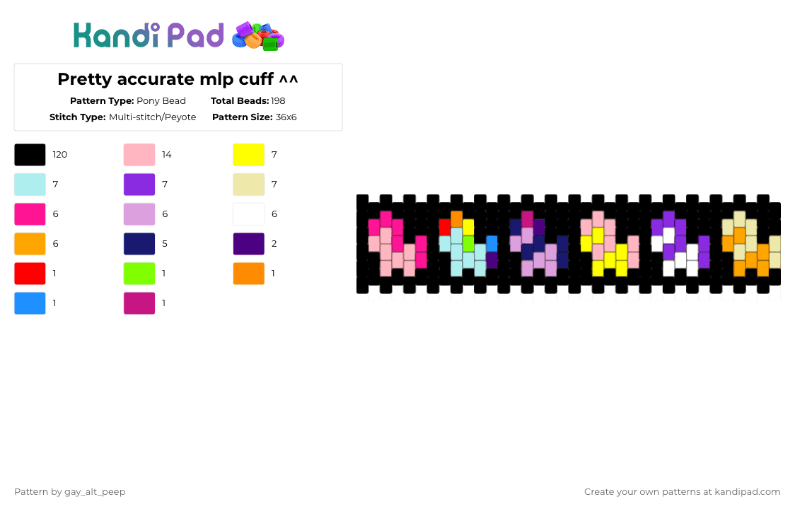 Pretty accurate mlp cuff ^^ - Pony Bead Pattern by gay_alt_peep on Kandi Pad - black,pink,yellow,purple
