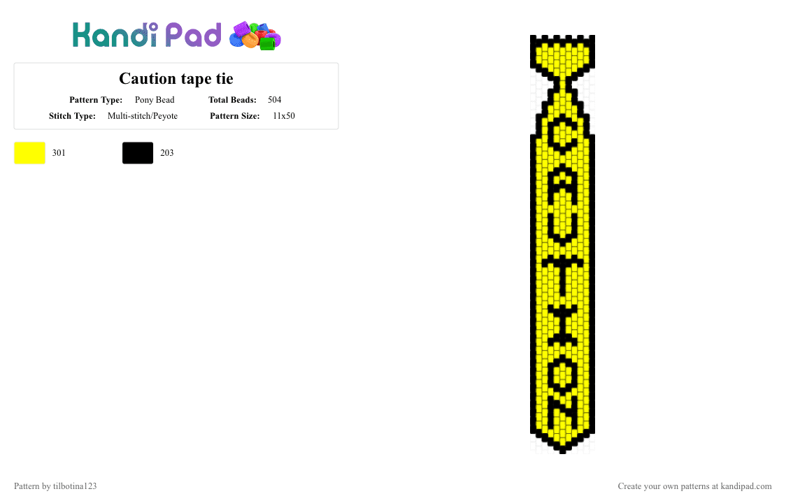 Caution tape tie - Pony Bead Pattern by tilbotina123 on Kandi Pad - black,yellow
