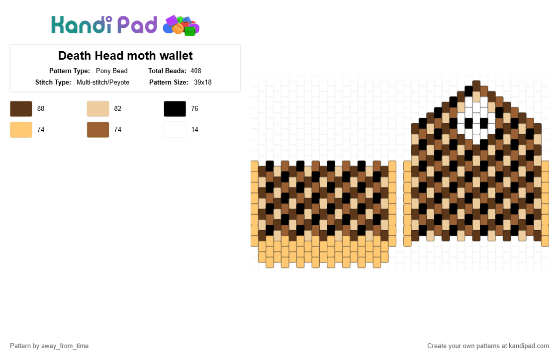 Death Head moth wallet - Pony Bead Pattern by away_from_time on Kandi Pad - beige, brown, cute, death head moth, moth, moth wallet, skull, tan, wallet
