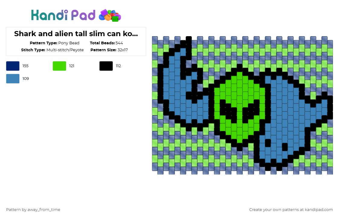 Shark and alien tall slim can koozie - Pony Bead Pattern by away_from_time on Kandi Pad - green,purple,alien,shark,blue,koozie,stripes,cute,green and blue