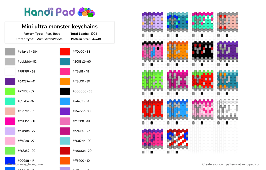 Mini ultra monster keychains - Pony Bead Pattern by away_from_time on Kandi Pad - colorful, gray, keychain, monster, monster energy, pink, red, small