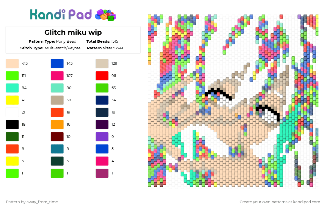 Glitch miku wip - Pony Bead Pattern by away_from_time on Kandi Pad - blue,green,teal,beige