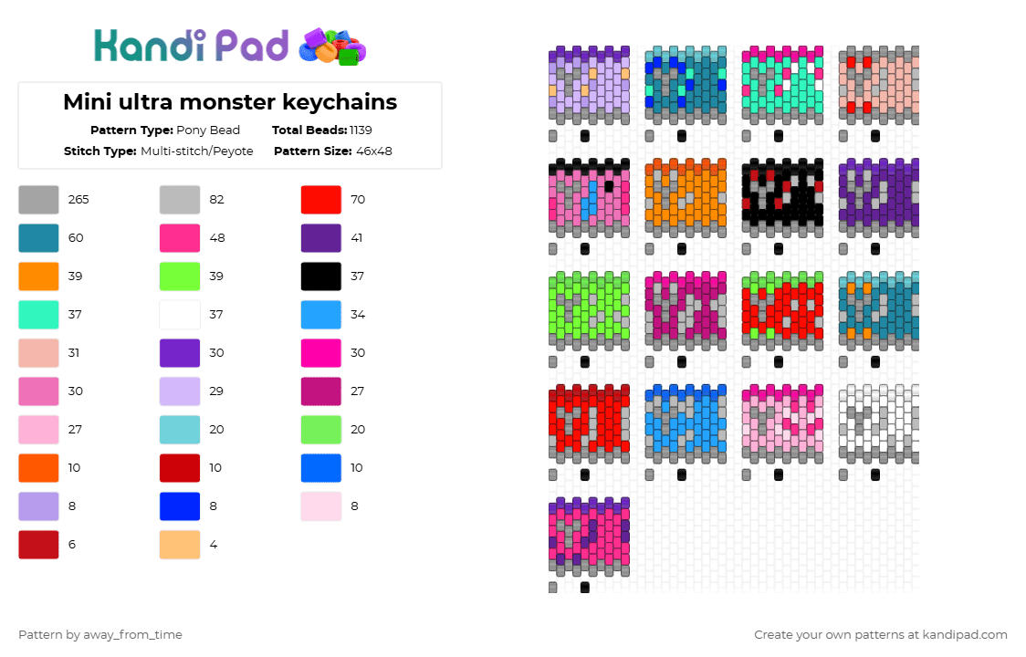 Mini ultra monster keychains - Pony Bead Pattern by away_from_time on Kandi Pad - gray,pink,teal,beige,monster energy,keychain,monster,small