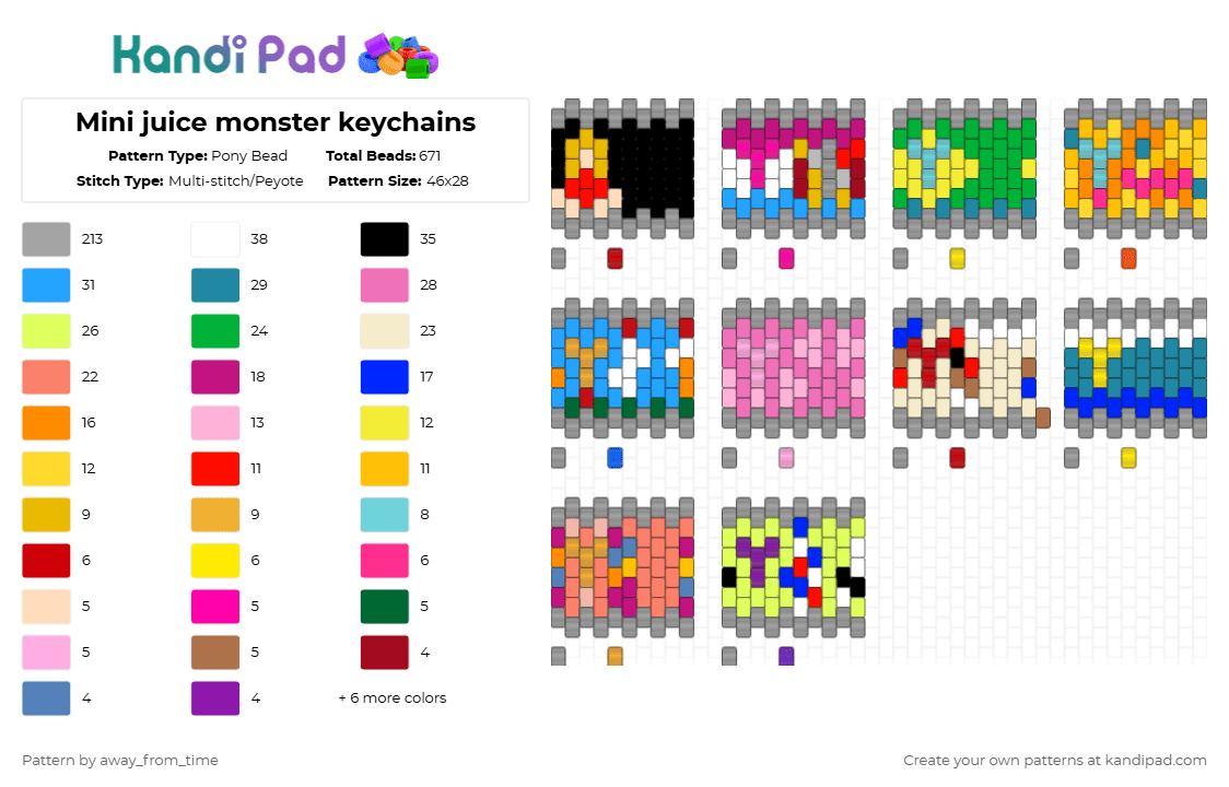 Mini juice monster keychains - Pony Bead Pattern by away_from_time on Kandi Pad - gray,yellow,pink,orange,monster,monster energy,juice energy,keychains,small