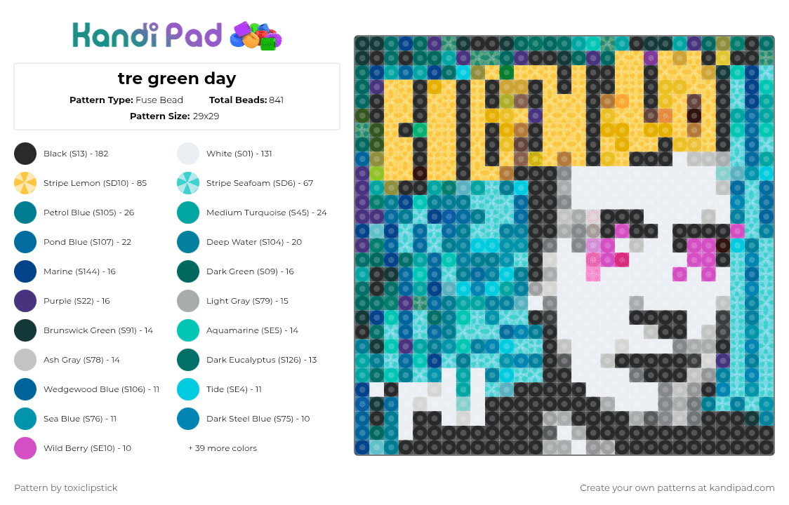 tre green day - Fuse Bead Pattern by toxiclipstick on Kandi Pad - teal,yellow,light blue,gray,colorful,green day,music,punk,blue