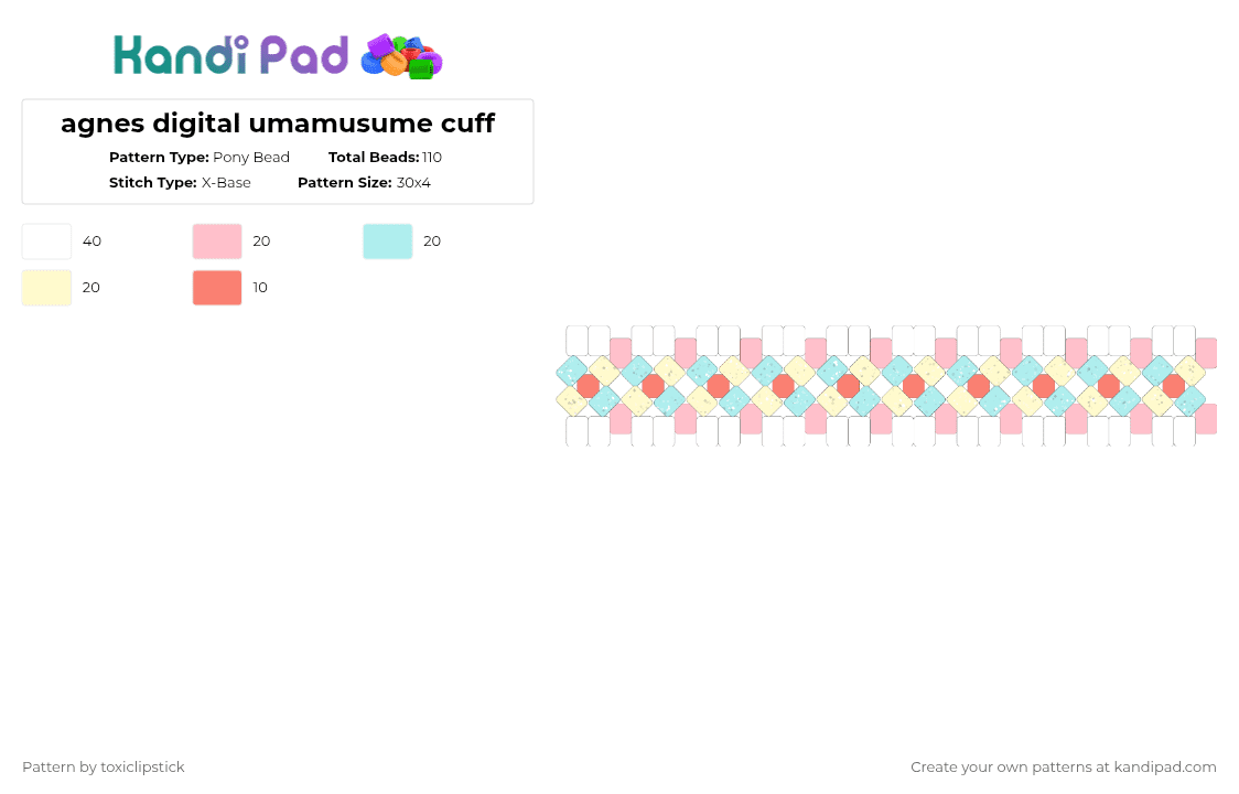 agnes digital umamusume cuff - Pony Bead Pattern by toxiclipstick on Kandi Pad - pink,light blue,yellow,umamusume,pretty derby,x base,x cuff,pastel,agnes digital