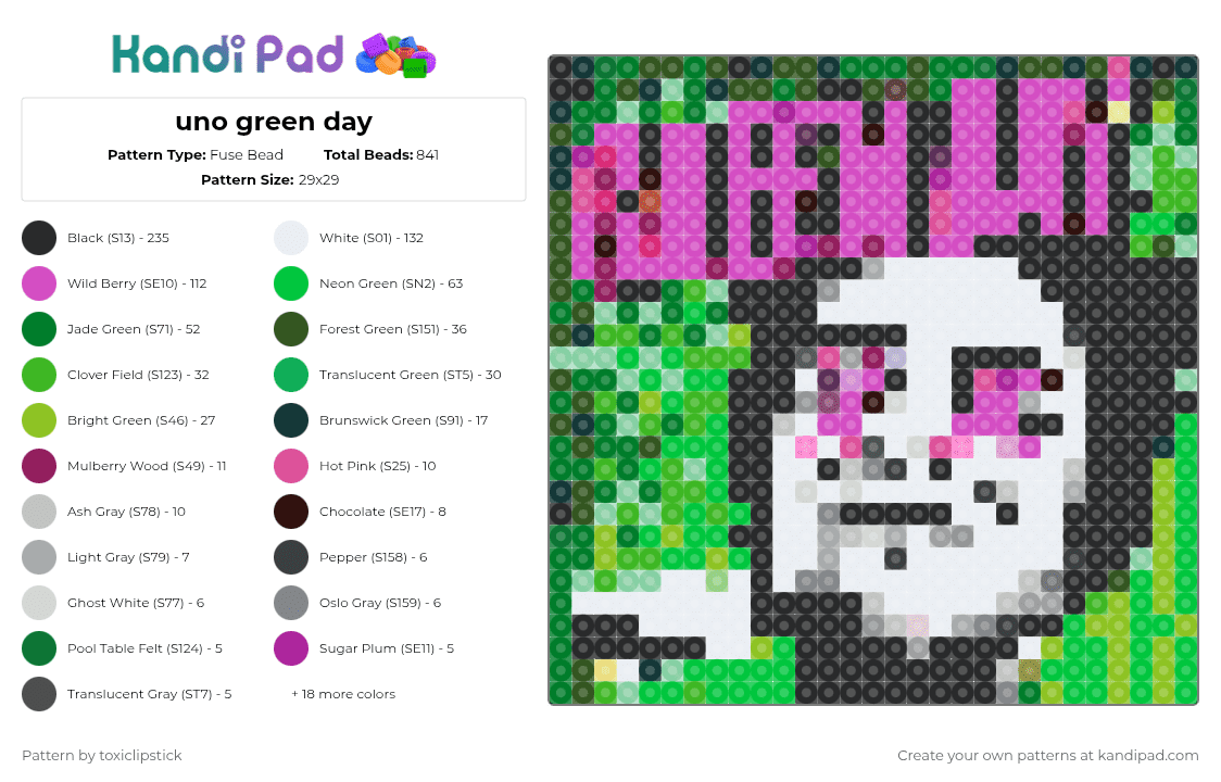 uno green day - Fuse Bead Pattern by toxiclipstick on Kandi Pad - green,pink,green day,music,punk