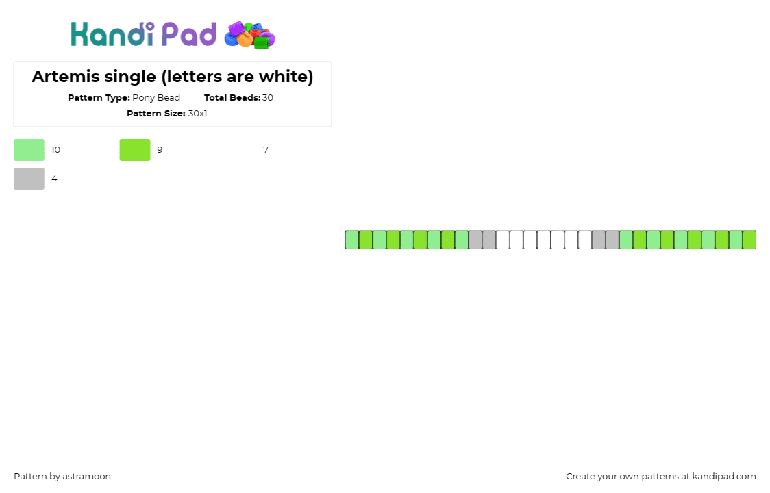 Artemis single (letters are white) - Pony Bead Pattern by astramoon on Kandi Pad - artemis boon,hades,single,bracelet,cuff,green,stylish