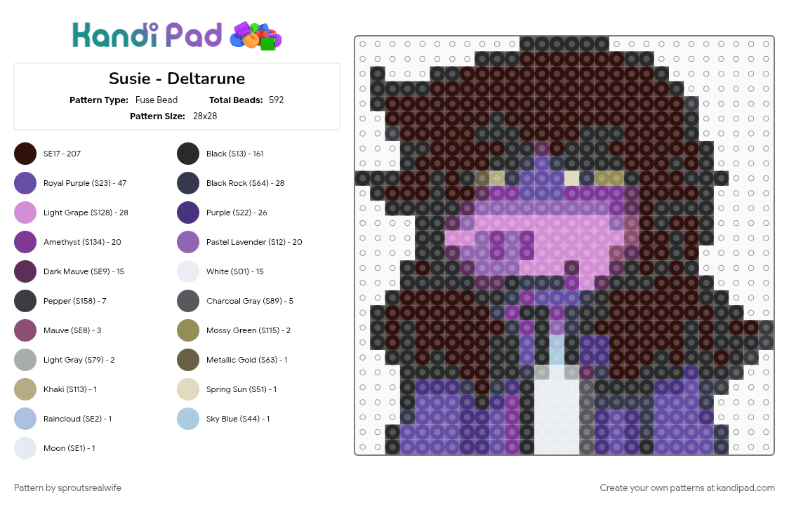 Susie - Deltarune - Fuse Bead Pattern by sproutsrealwife on Kandi Pad - brown, character, deltarune, pink, purple, susie, susie deltarune, video game