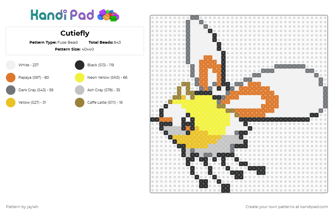 Cutiefly - Fuse Bead Pattern by jaylah on Kandi Pad - white,gray,yellow,orange