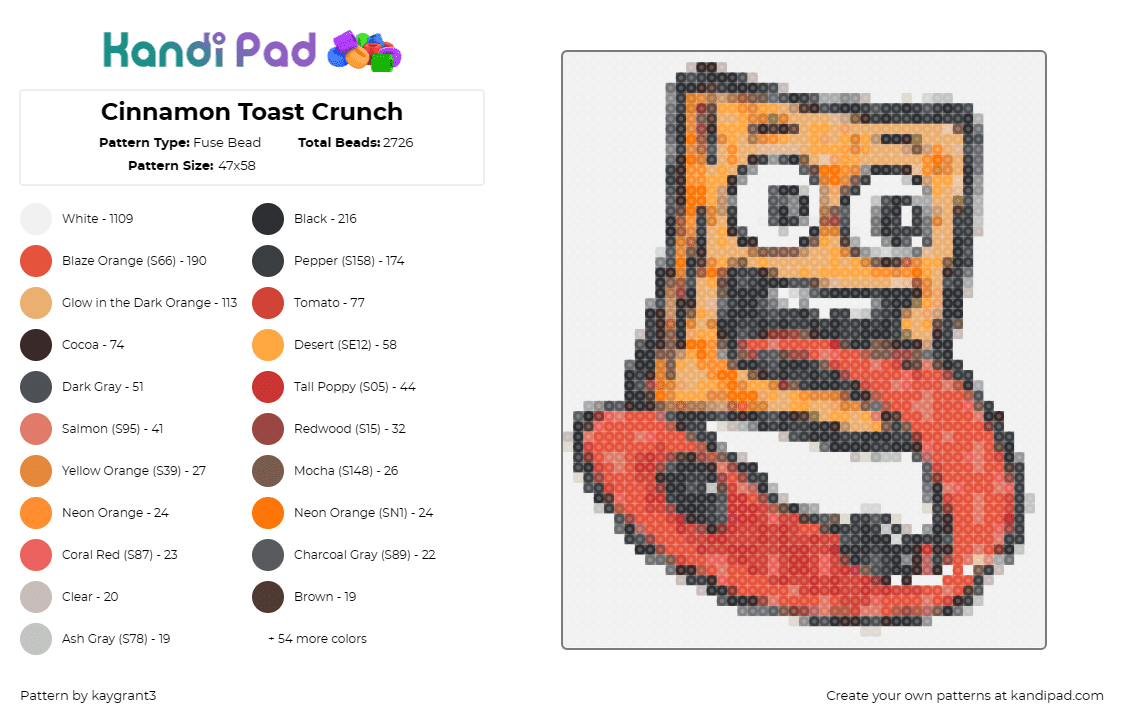 Cinnamon Toast Crunch - Fuse Bead Pattern by kaygrant3 on Kandi Pad - cinnamon toast crunch,cereal,mascot,breakfast,playful,animated,tasty,character,o