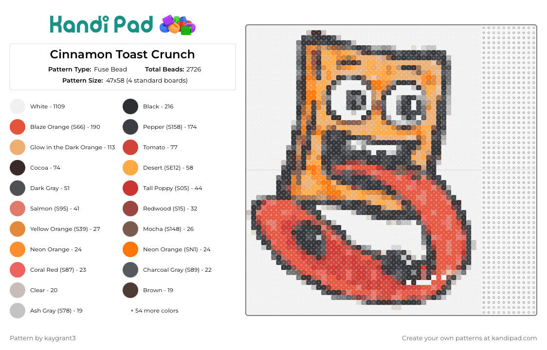 Cinnamon Toast Crunch - Fuse Bead Pattern by kaygrant3 on Kandi Pad - cinnamon toast crunch,cereal,mascot,breakfast,playful,animated,tasty,character,orange,red