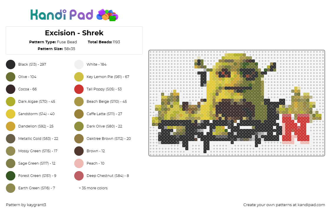 Excision - Shrek - Fuse Bead Pattern by kaygrant3 on Kandi Pad - excision,shrek,dj,dubstep,ogre,green,music,fantasy,character,mascot,electronic