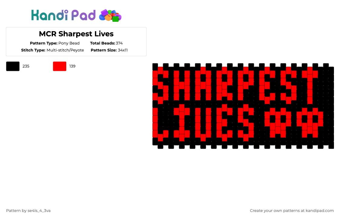 MCR Sharpest Lives - Pony Bead Pattern by se4ls_4_3va on Kandi Pad - black,red,mcr,sharpest lives,skull
